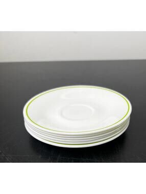 Corelle "Spring Meadow" Pattern Set of 6 White Saucer Plates with Green Rim